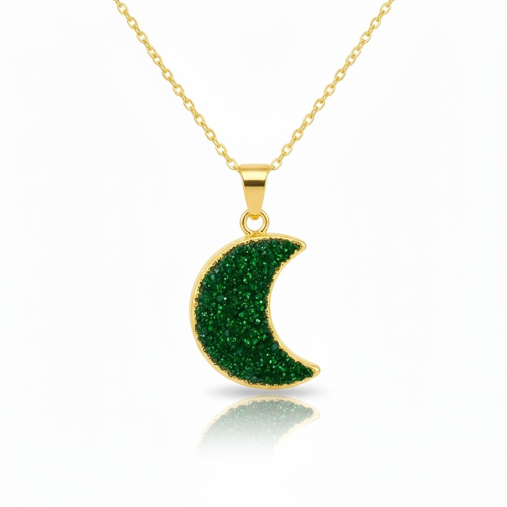 Dainty Green Druzy Crescent Moon‎ Pendant Necklace Gold Celestial Jewelry